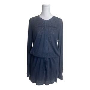 Vince Dress Womens Medium Linen Henley Shirt Blue Roll Tab Sleeve Drawstring‎